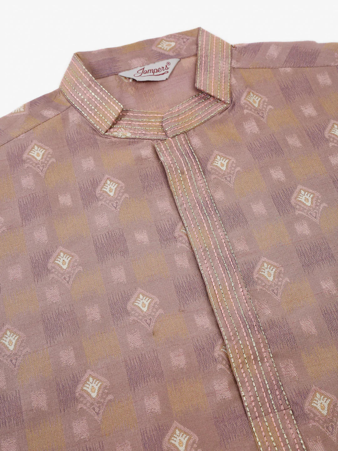 Jompers Men's Pink Collar Embroidered Woven Design Kurta Pajama