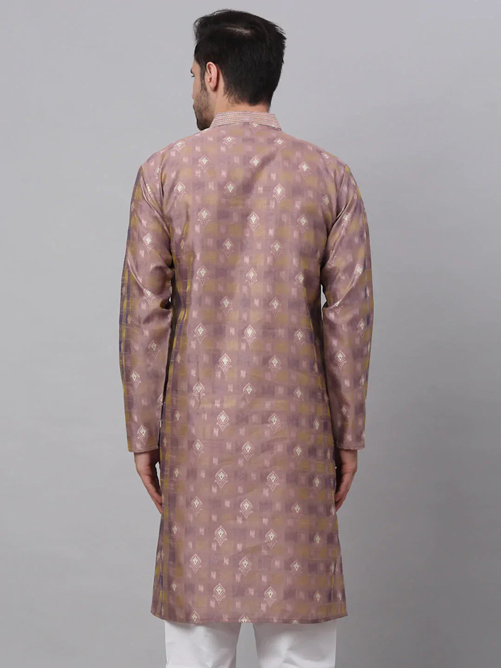 Jompers Men's Pink Collar Embroidered Woven Design Kurta Pajama