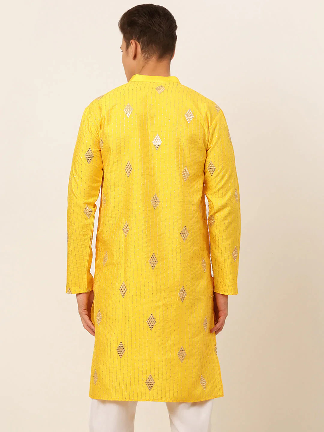 Jompers Men's Mustard Yellow Embroidered Sequinned Kurta Only