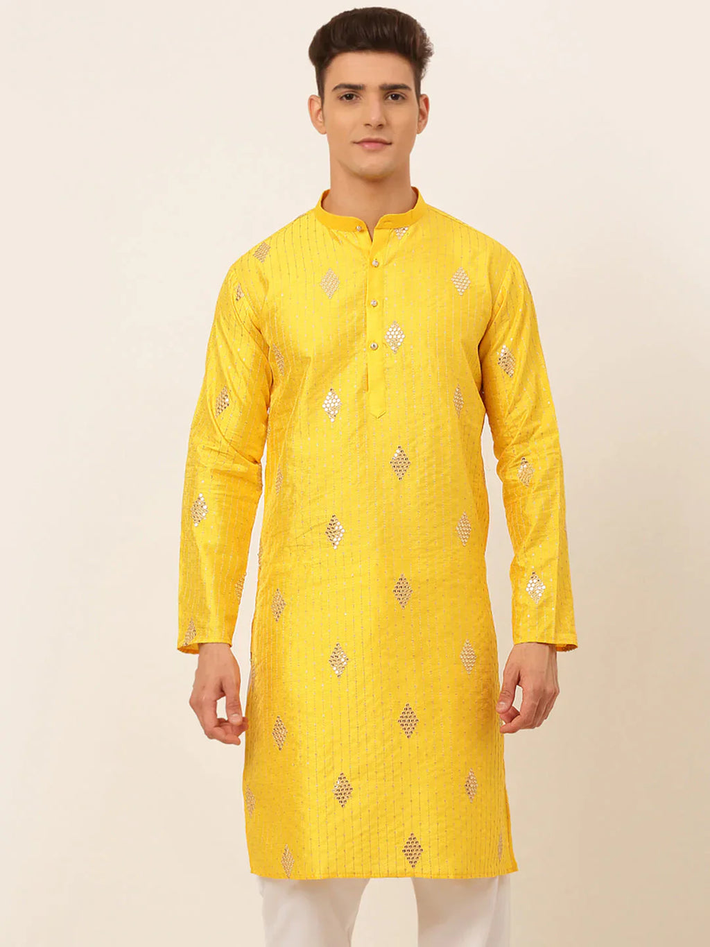 Jompers Men's Mustard Yellow Embroidered Sequinned Kurta Only