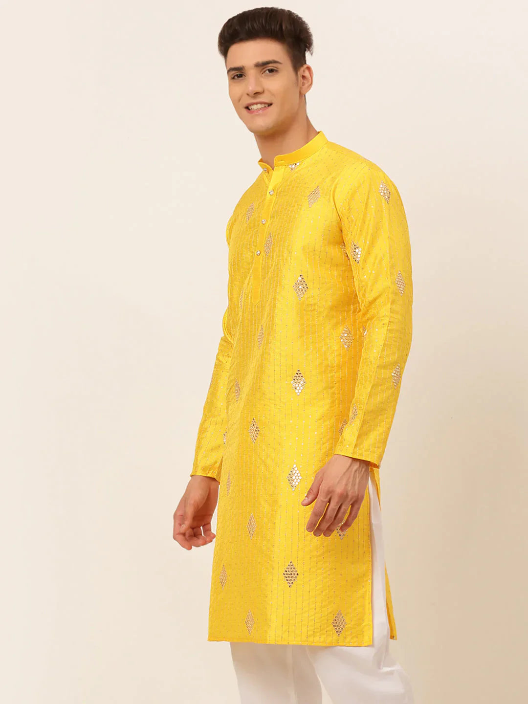 Jompers Men's Mustard Yellow Embroidered Sequinned Kurta Only