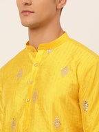 Jompers Men's Mustard Yellow Embroidered Sequinned Kurta Only