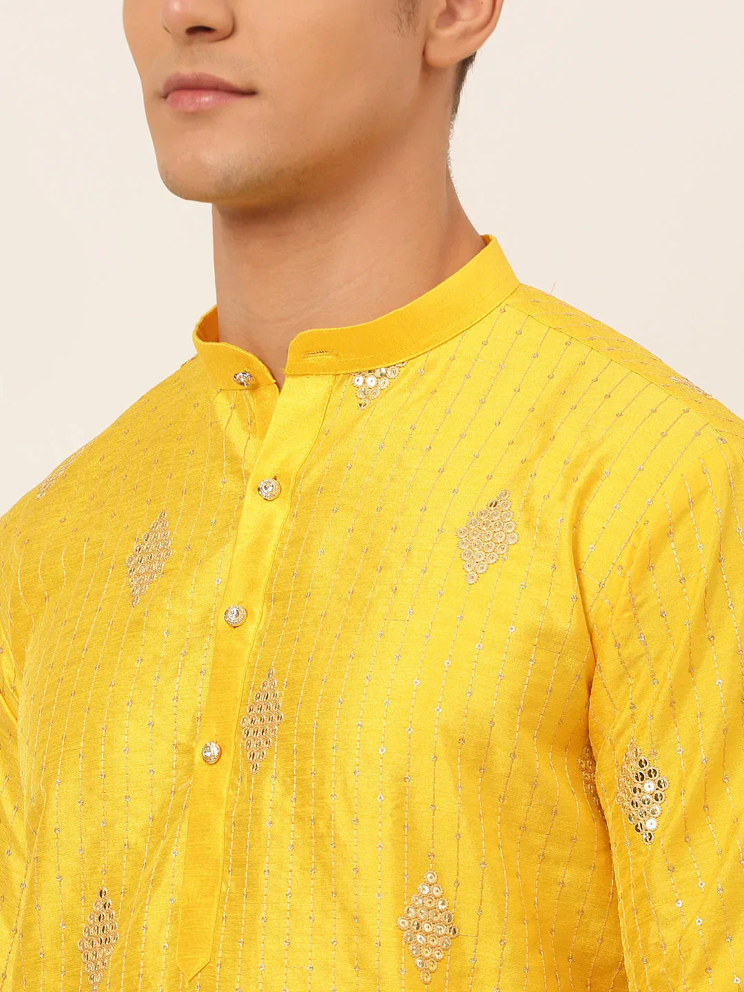 Jompers Men's Mustard Yellow Embroidered Sequinned Kurta Only