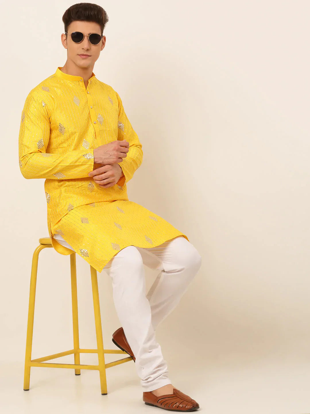 Jompers Men's Mustard Yellow Embroidered Sequinned Kurta Only