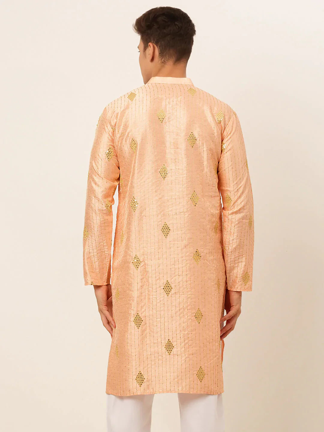 Jompers Men's Peach Embroidered Sequinned Kurta Only