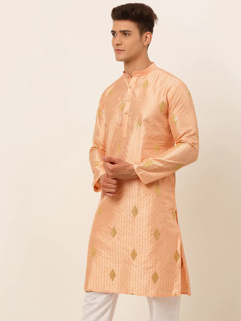 Jompers Men's Peach Embroidered Sequinned Kurta Only
