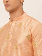Jompers Men's Peach Embroidered Sequinned Kurta Only