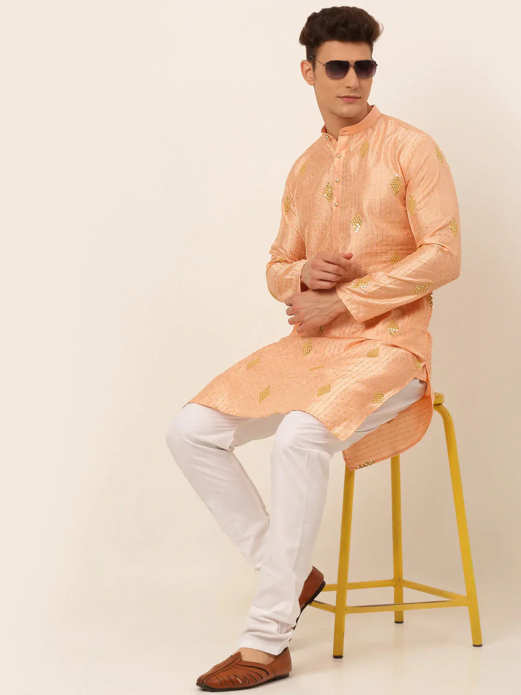 Jompers Men's Peach Embroidered Sequinned Kurta Only