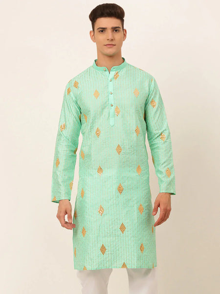 Jompers Men's Sky Blue Embroidered Sequinned Kurta Only