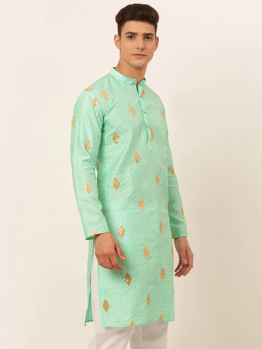 Jompers Men's Sky Blue Embroidered Sequinned Kurta Only