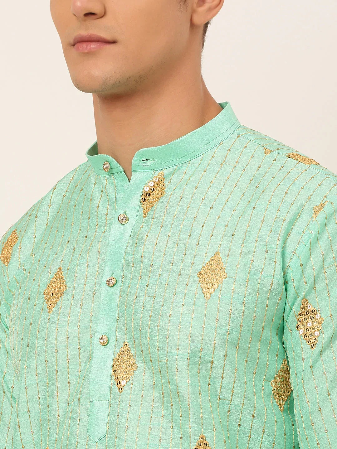 Jompers Men's Sky Blue Embroidered Sequinned Kurta Only