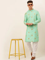 Jompers Men's Sky Blue Embroidered Sequinned Kurta Only