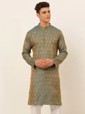 Jompers Men's Blue and Golden Woven Design Kurta Only