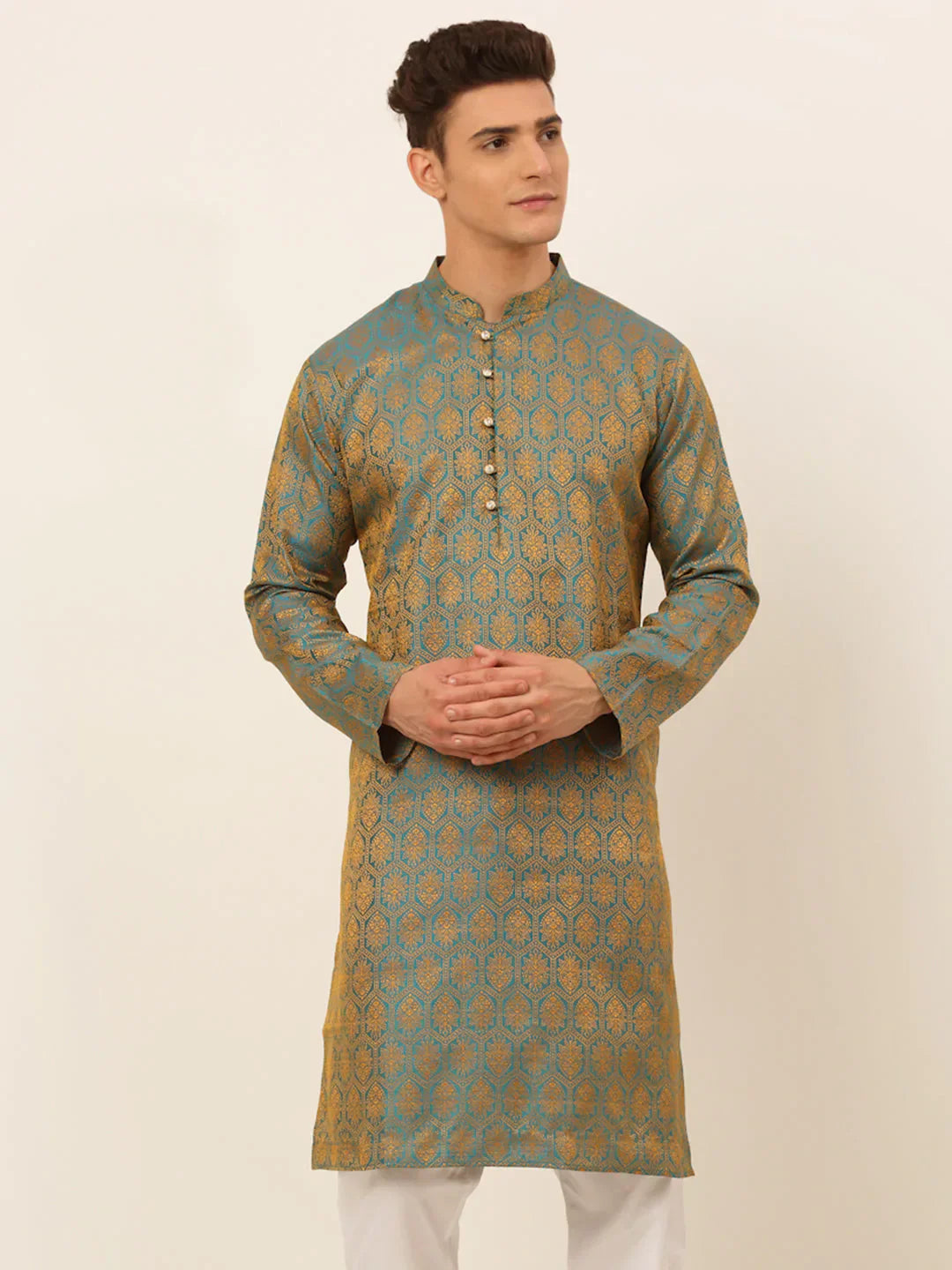 Jompers Men's Blue and Golden Woven Design Kurta Only