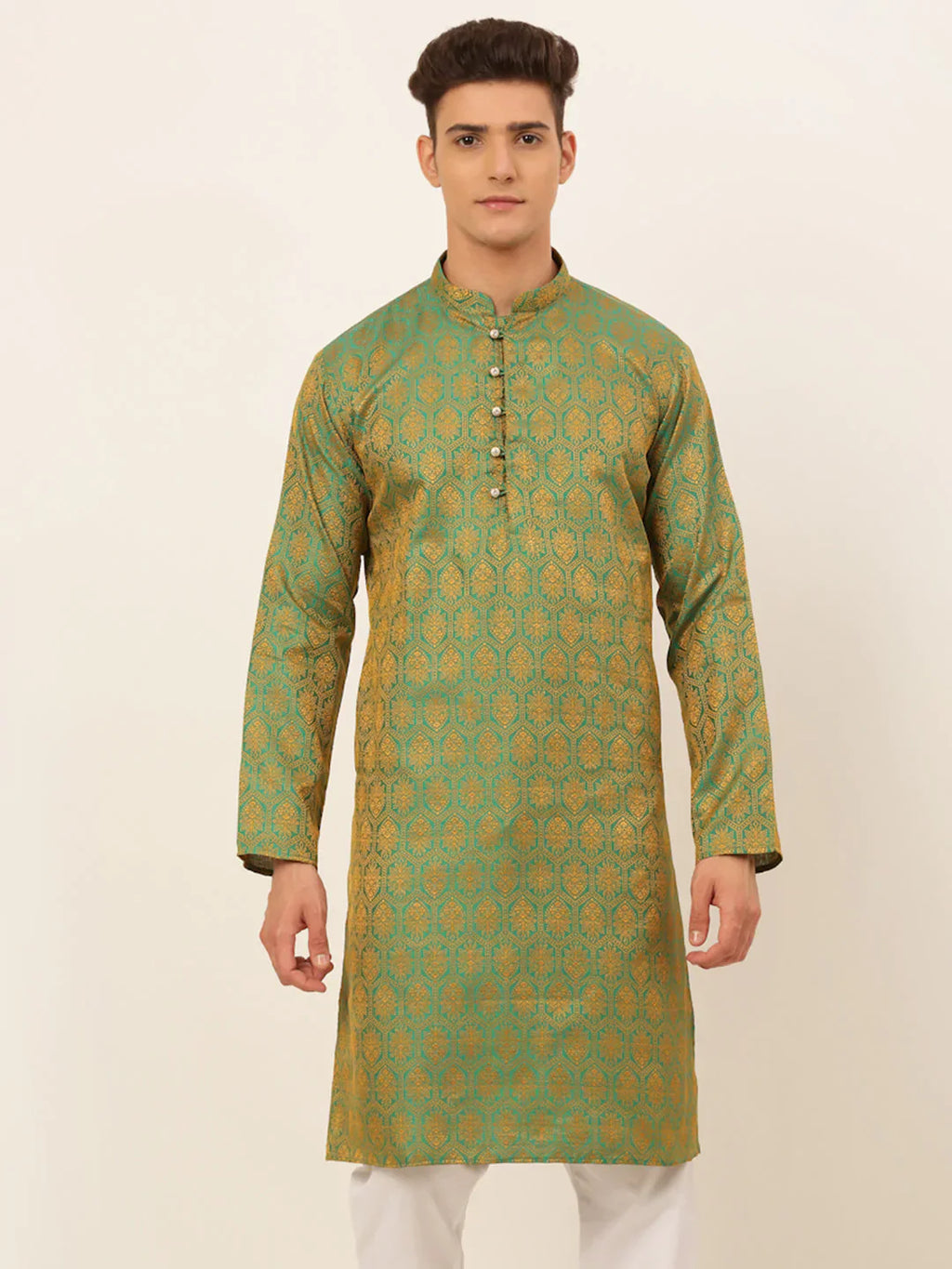 Jompers Men's Green and Golden Woven Design Kurta Only