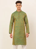 Jompers Men's Green and Golden Woven Design Kurta Only