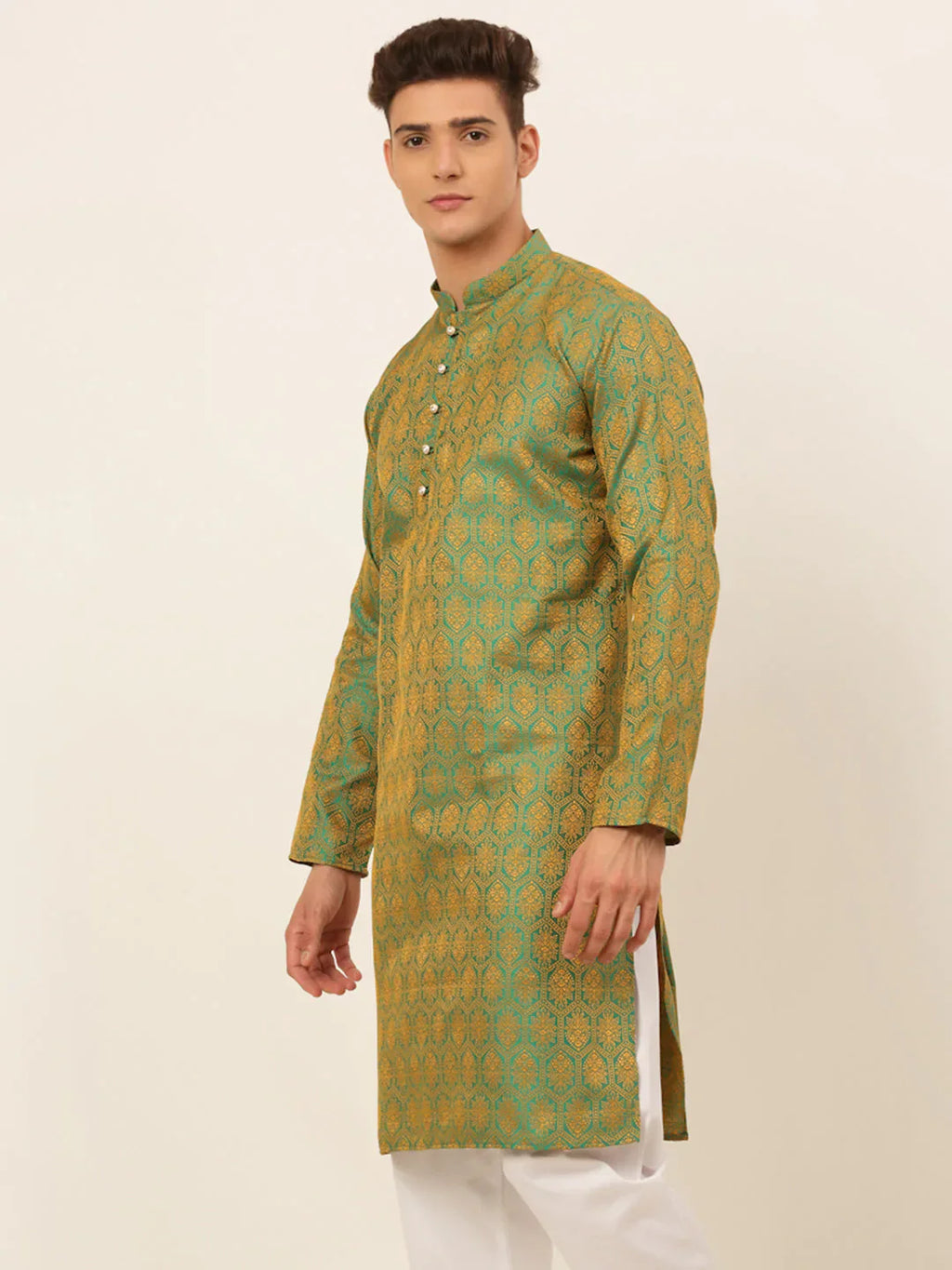 Jompers Men's Green and Golden Woven Design Kurta Only
