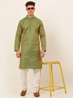 Jompers Men's Green and Golden Woven Design Kurta Only