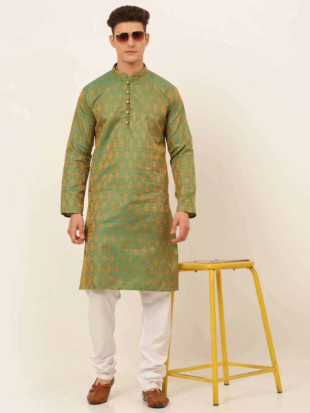 Jompers Men's Green and Golden Woven Design Kurta Only