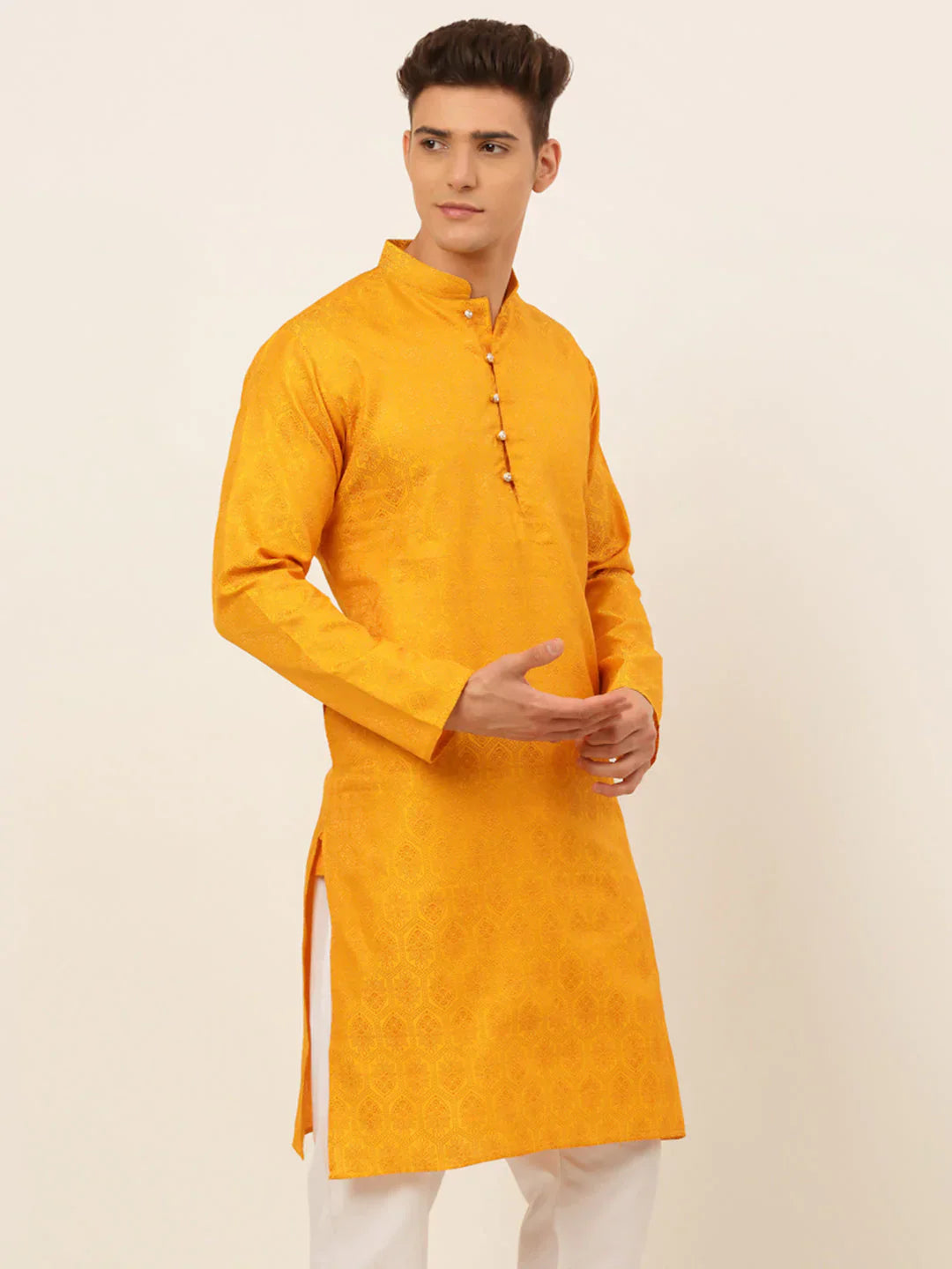 Jompers Men's Mustard and Golden Woven Design Kurta Only