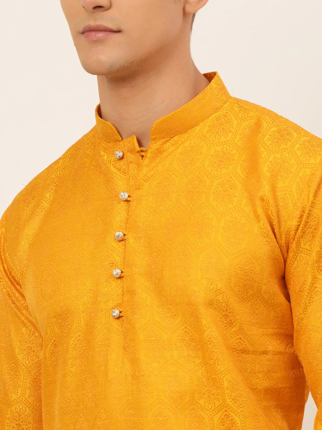 Jompers Men's Mustard and Golden Woven Design Kurta Only