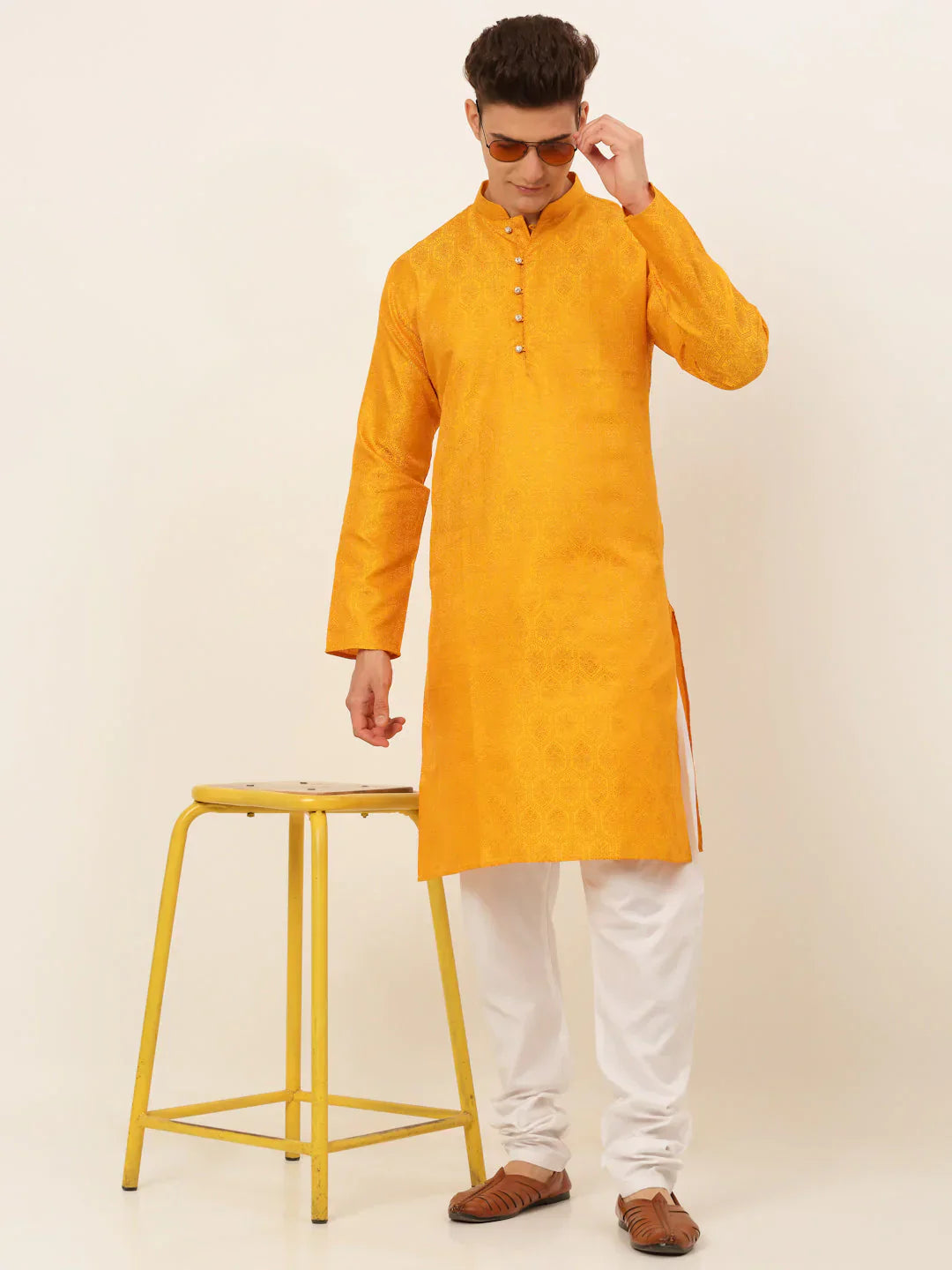 Jompers Men's Mustard and Golden Woven Design Kurta Only