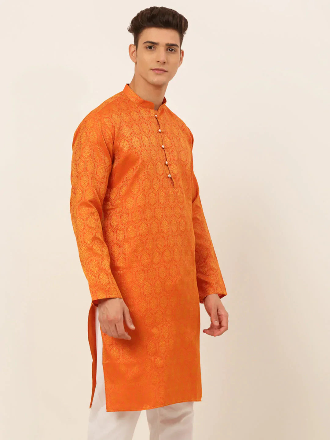 Jompers Men's Orange and Golden Woven Design Kurta Only