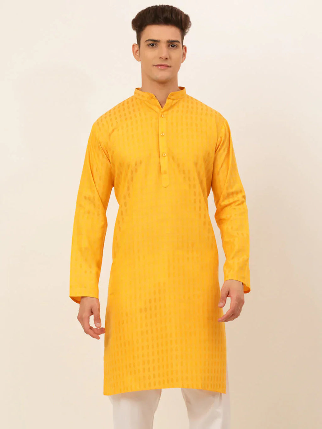 Jompers Men's Mustard Woven Design Kurta Only