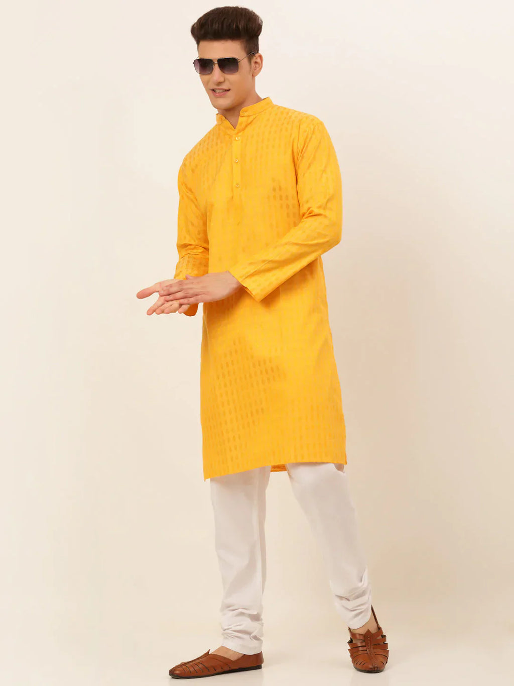 Jompers Men's Mustard Woven Design Kurta Only