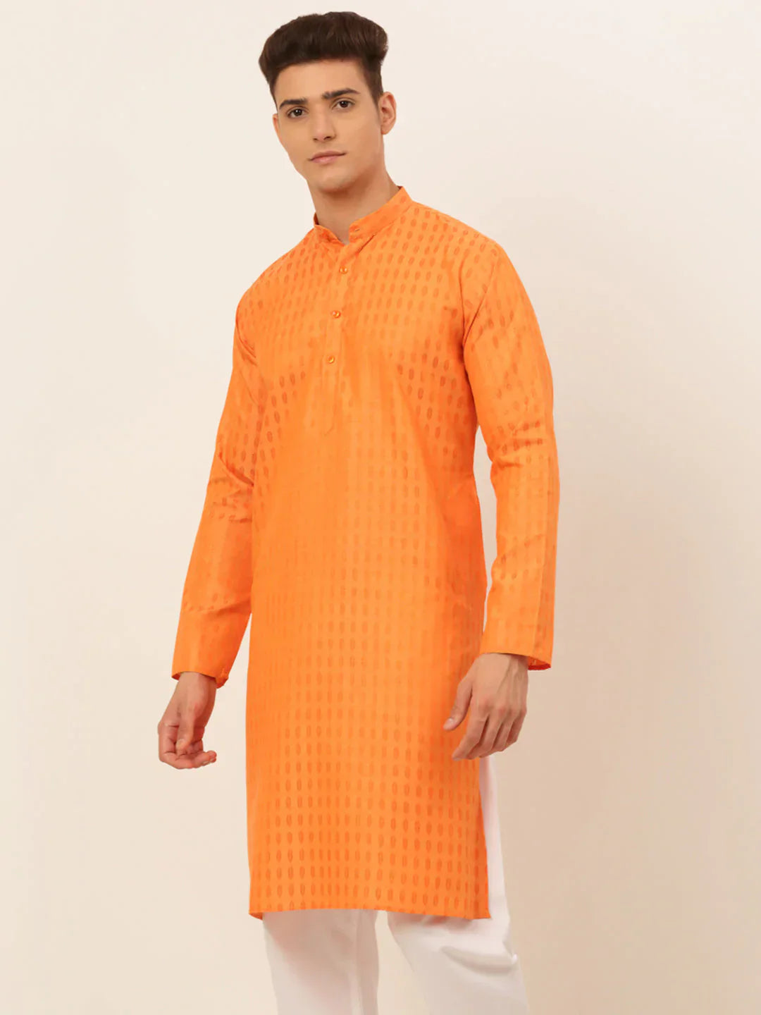 Jompers Men's Orange Woven Design Kurta Only