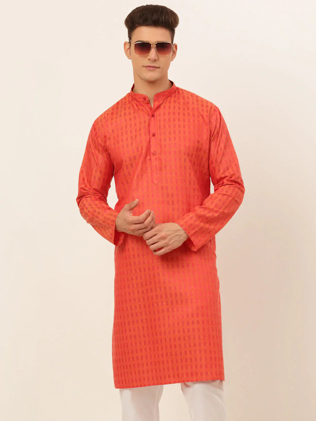 Jompers Men's Red Woven Design Kurta Only