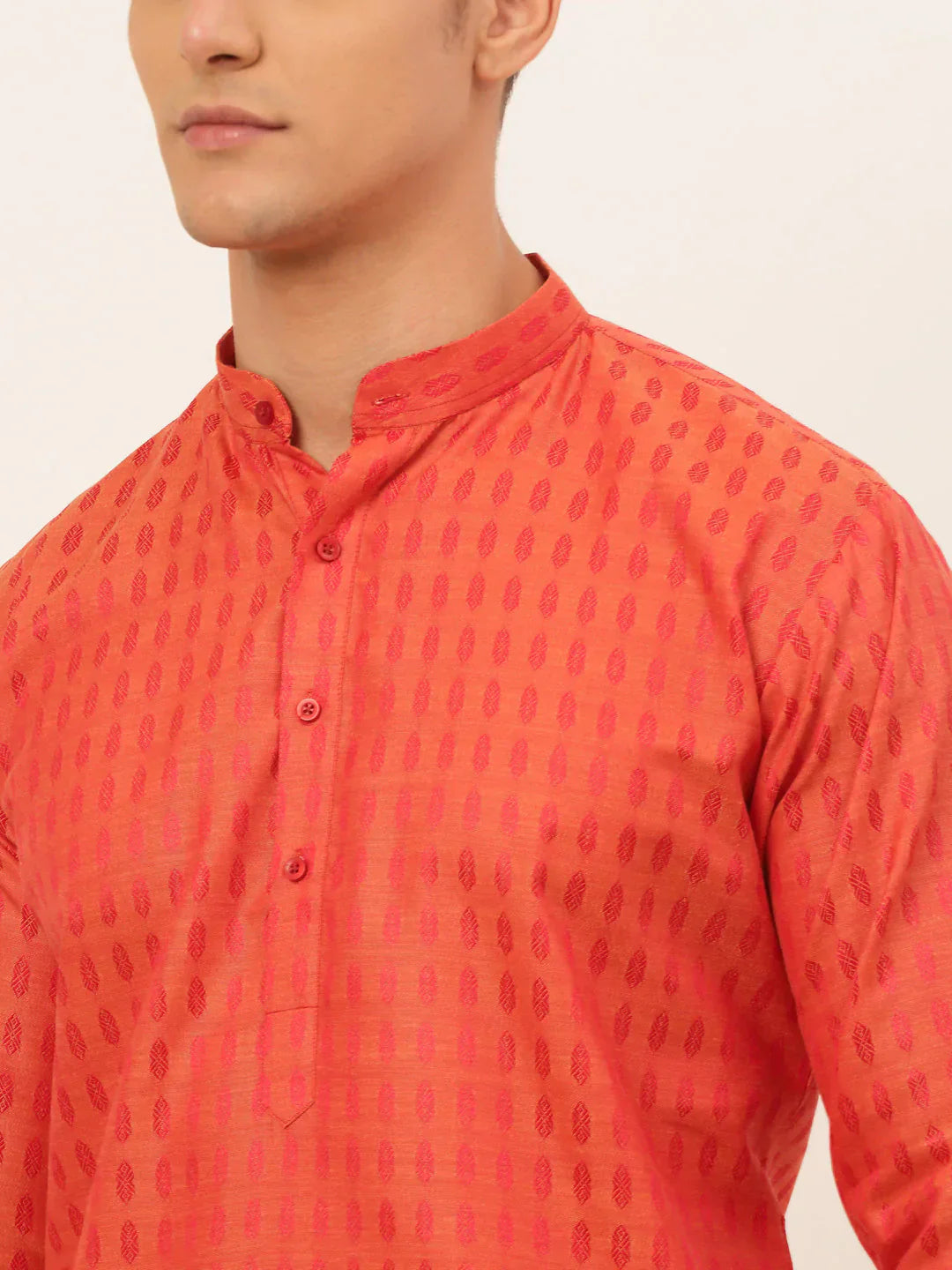Jompers Men's Red Woven Design Kurta Only