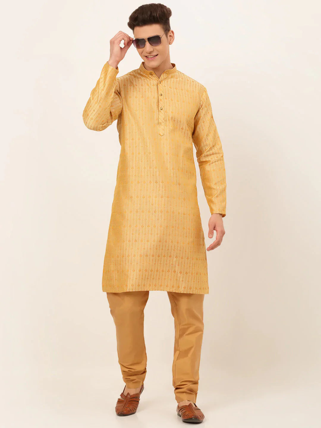 Jompers Men's Golden Embroidered Kurta Only