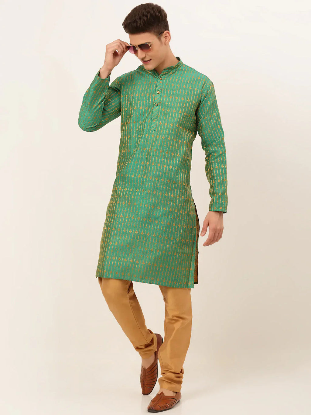 Jompers Men's Green Embroidered Kurta Only