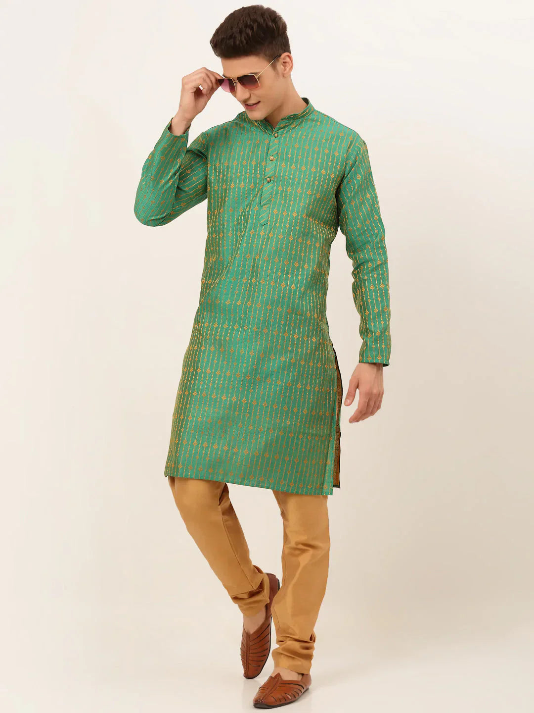 Jompers Men's Green Embroidered Kurta Only