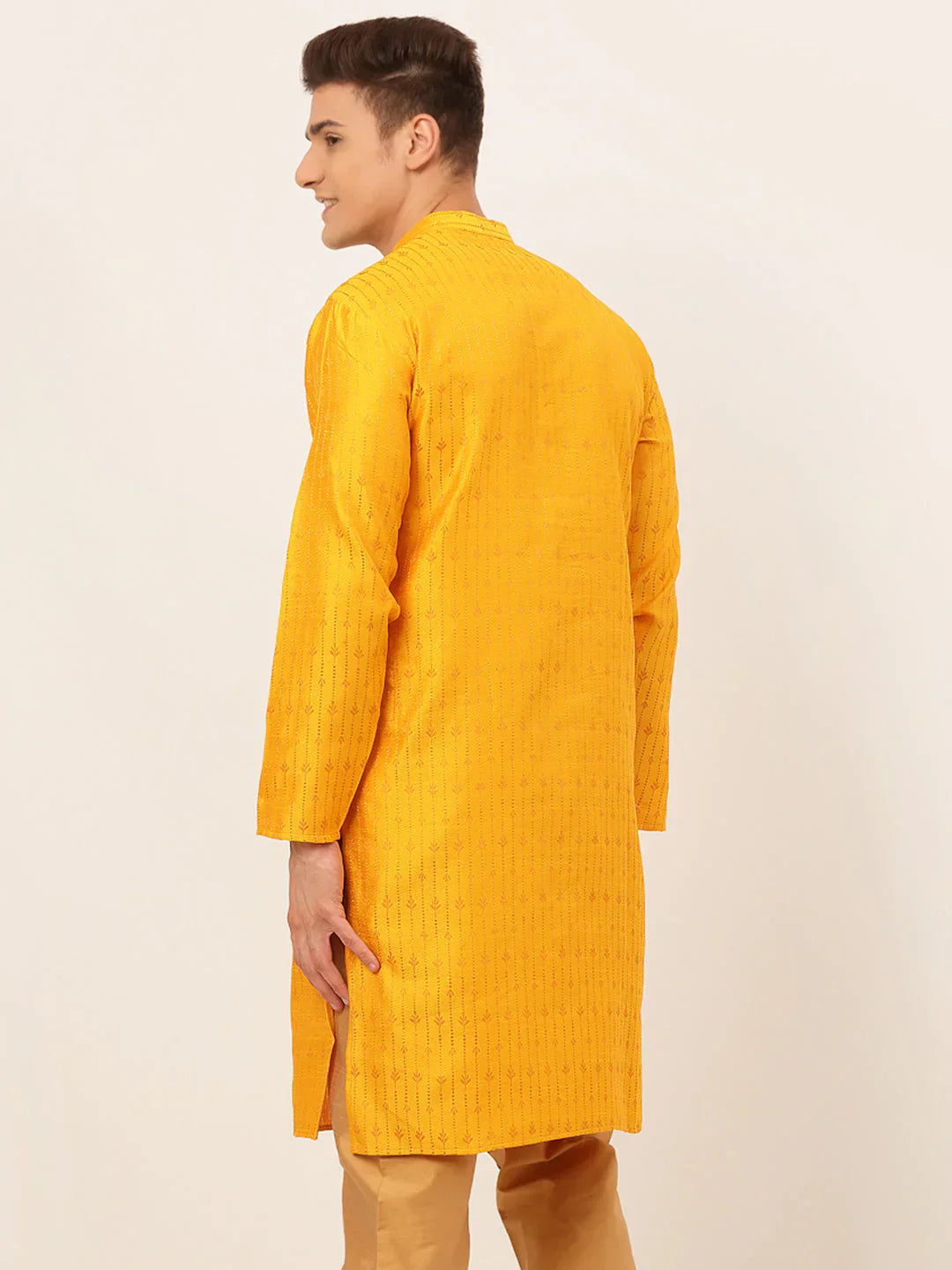 Jompers Men's Mustard Embroidered Kurta Only