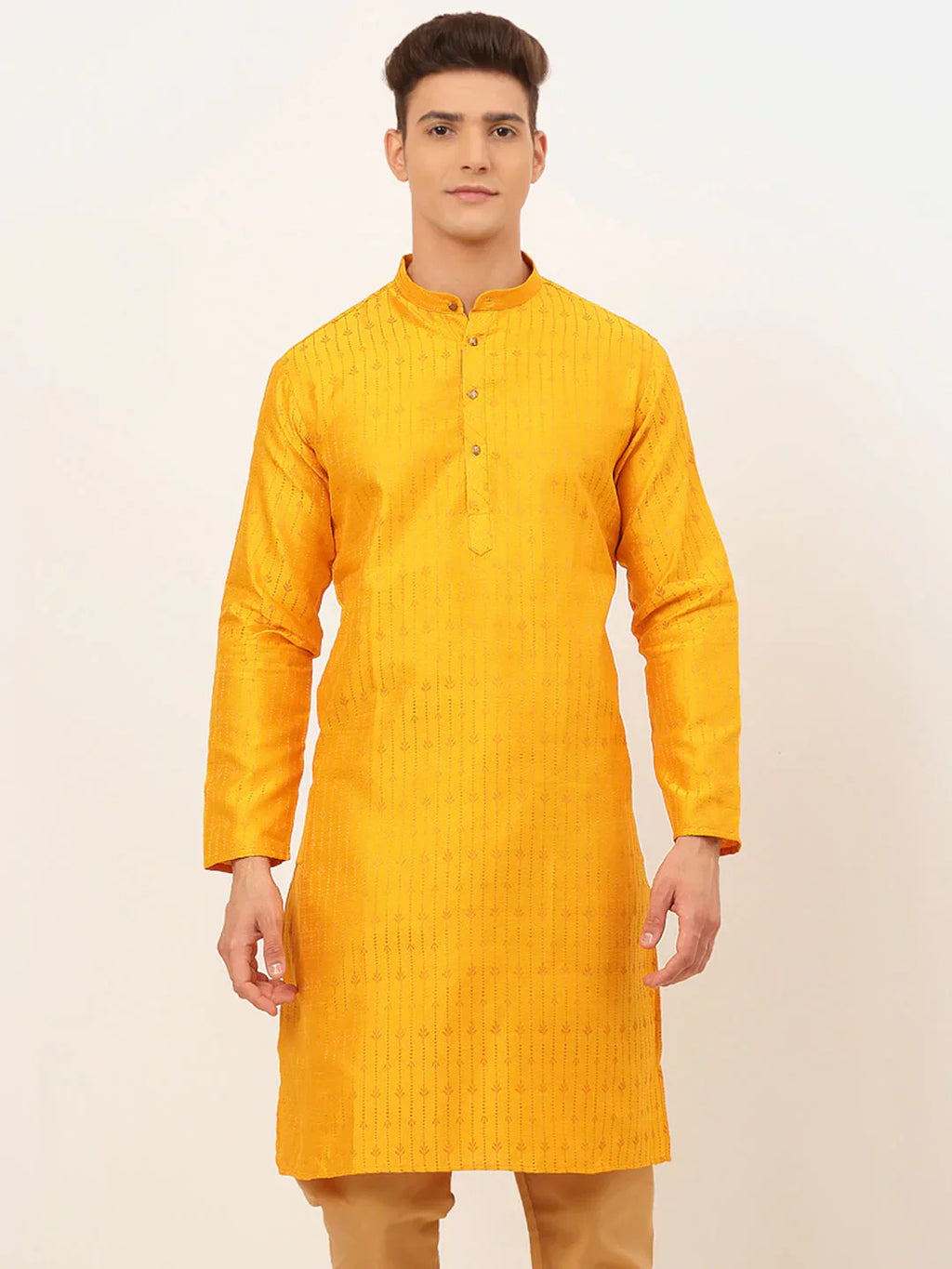 Jompers Men's Mustard Embroidered Kurta Only
