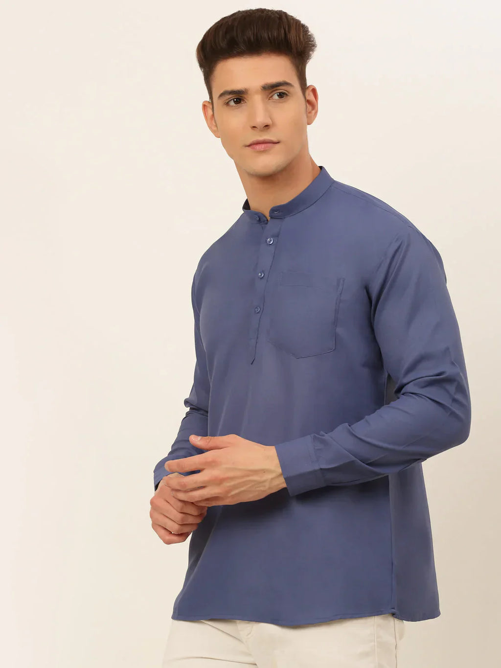 Jompers Men's Blue Solid Cotton Short Kurta