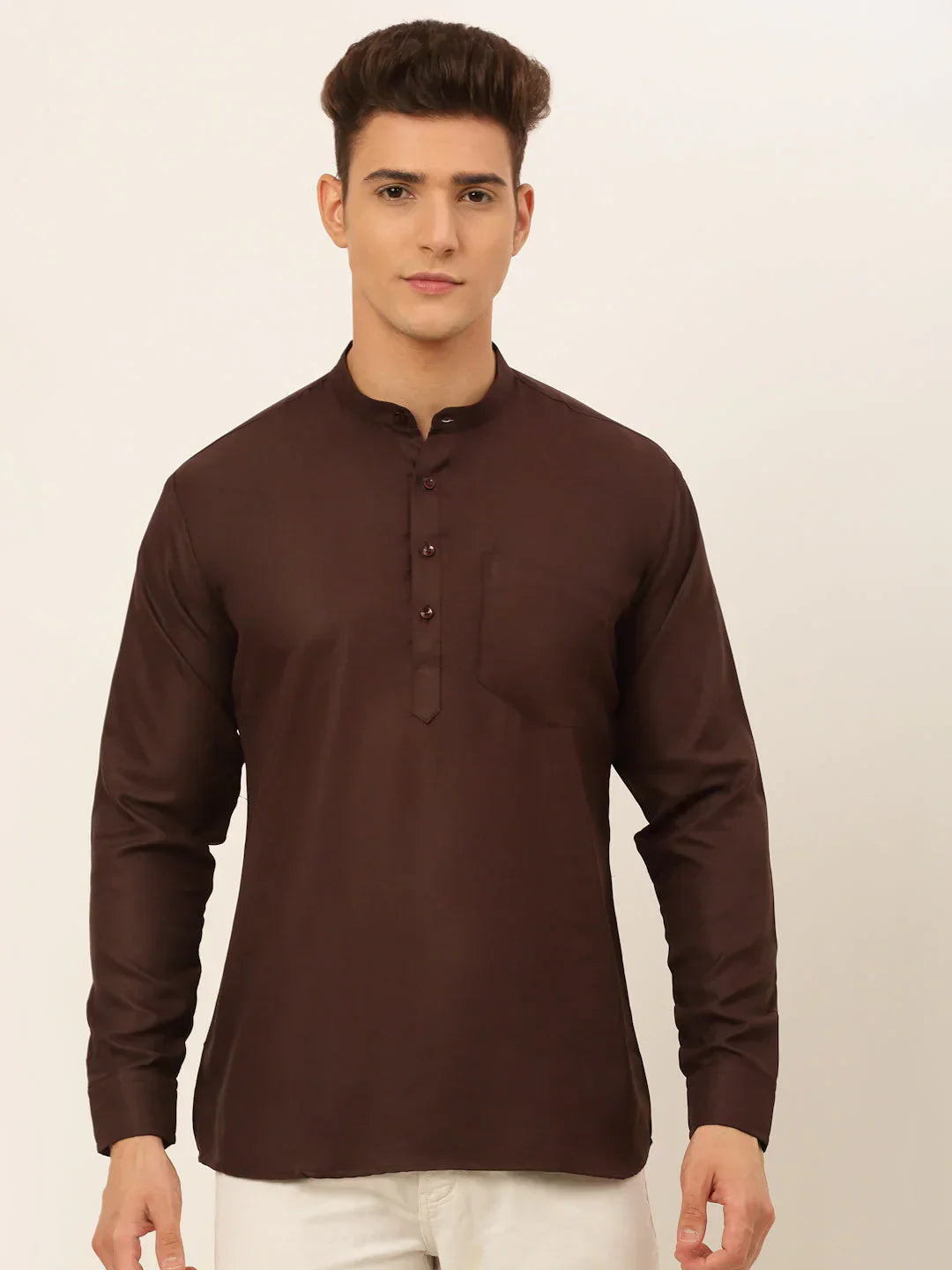 Jompers Men's Coffee Solid Cotton Short Kurta