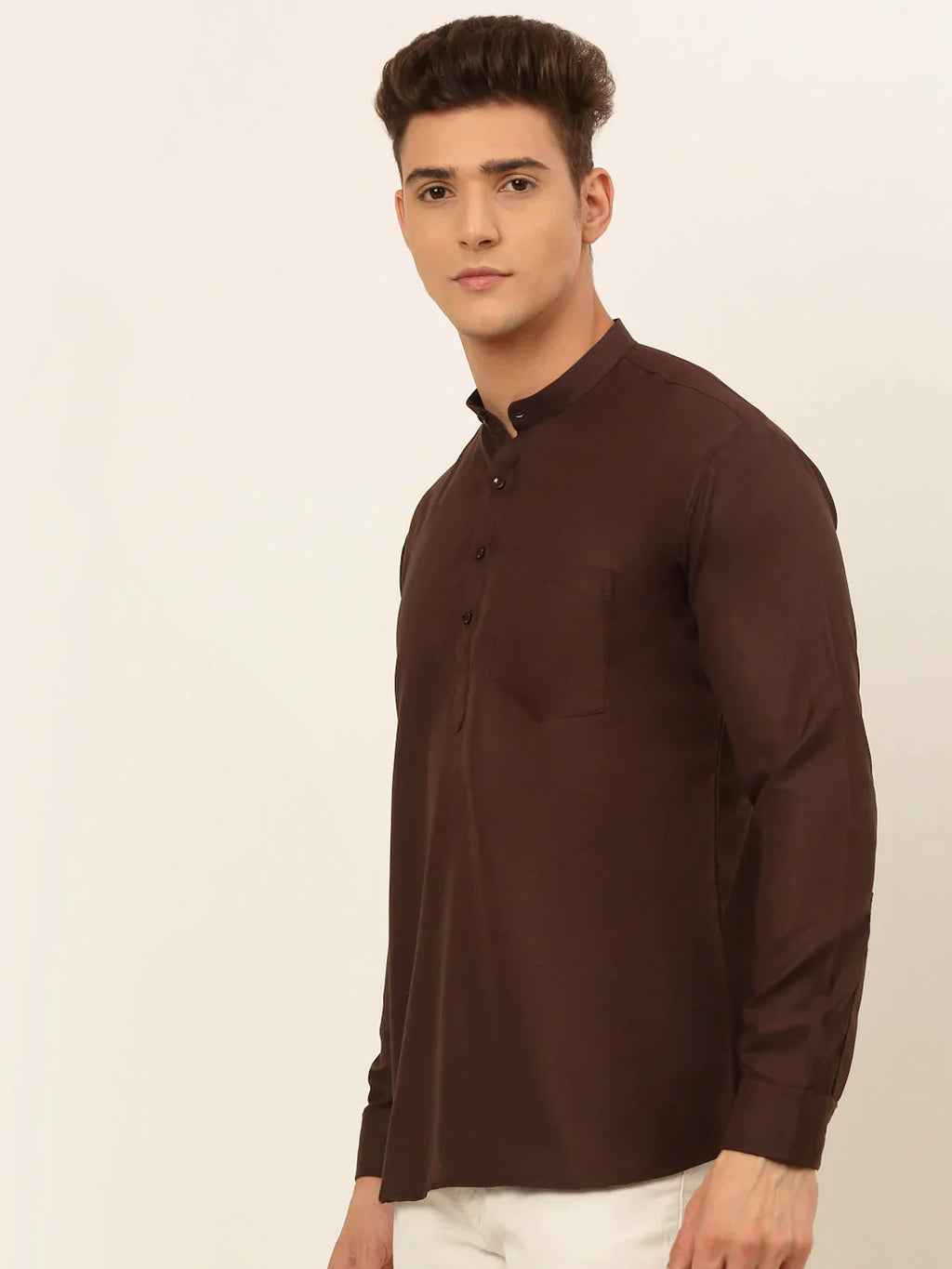 Jompers Men's Coffee Solid Cotton Short Kurta