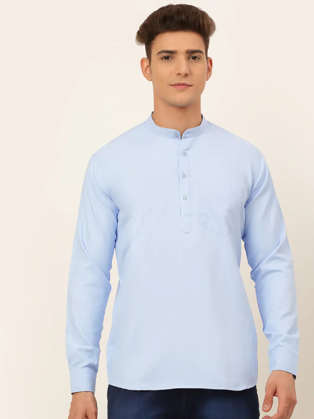 Jompers Men's Light-Blue Solid Cotton Short Kurta - Light-Blue