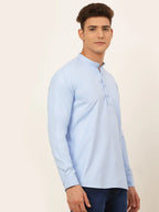 Jompers Men's Light-Blue Solid Cotton Short Kurta - Light-Blue