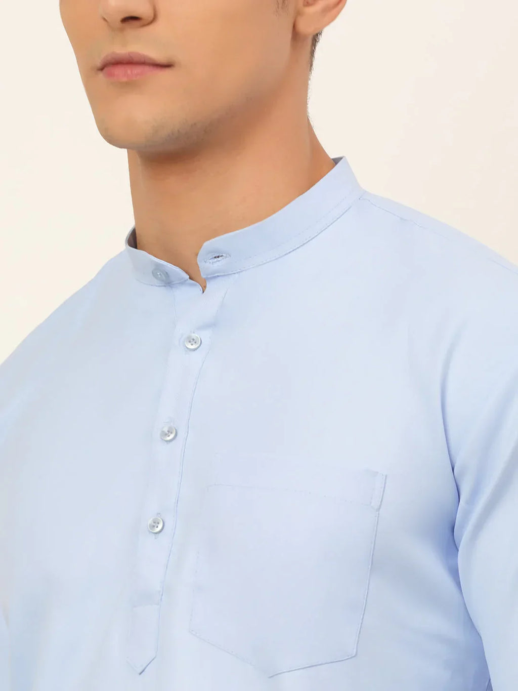 Jompers Men's Light-Blue Solid Cotton Short Kurta - Light-Blue