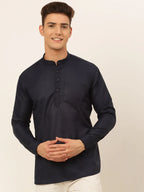 Jompers Men's Navy-Blue Solid Cotton Short Kurta - Navy Blue
