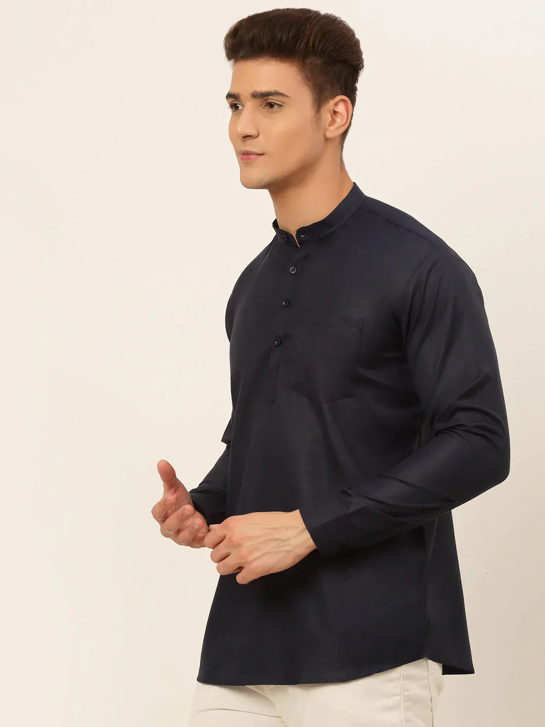Jompers Men's Navy-Blue Solid Cotton Short Kurta - Navy Blue