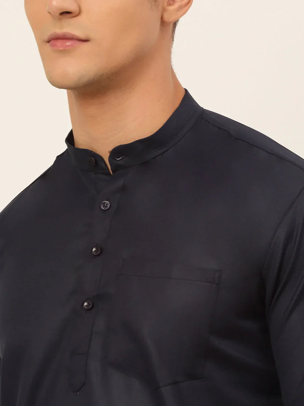 Jompers Men's Navy-Blue Solid Cotton Short Kurta - Navy Blue