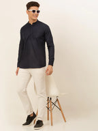 Jompers Men's Navy-Blue Solid Cotton Short Kurta - Navy Blue