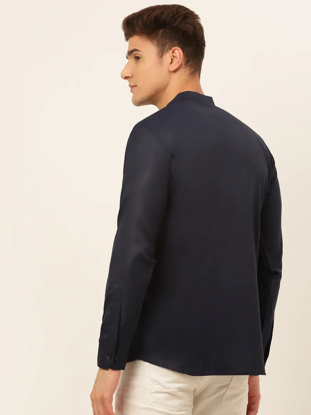 Jompers Men's Navy-Blue Solid Cotton Short Kurta - Navy Blue