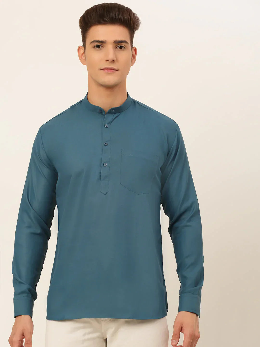 Jompers Men's Teal Blue Solid Cotton Short Kurta - Teal