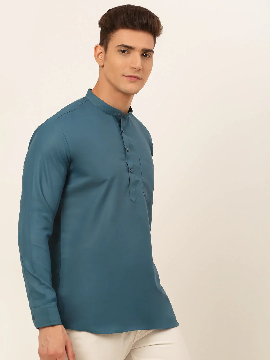 Jompers Men's Teal Blue Solid Cotton Short Kurta - Teal